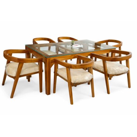 6x3 Teak full glass dinning table with Teak cushion dinning chairs
